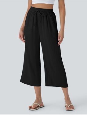 HALARA High Waist Drawstring Wide Leg Cropped Casual Linen-Feel Pants w/ pockets